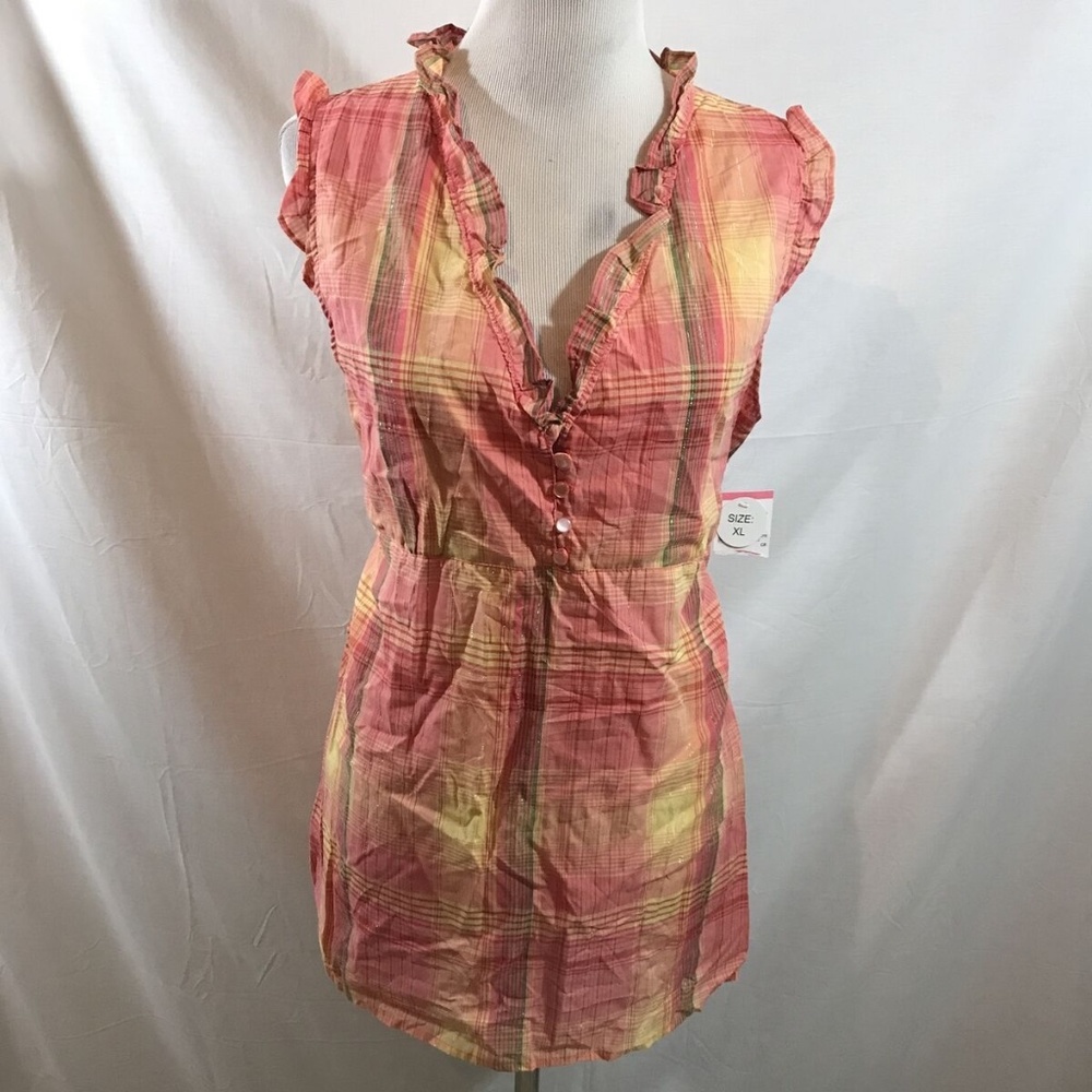 Lemon Kiss pink & yellow plaid sleeveless top - womens XL, NWT, bust 17"